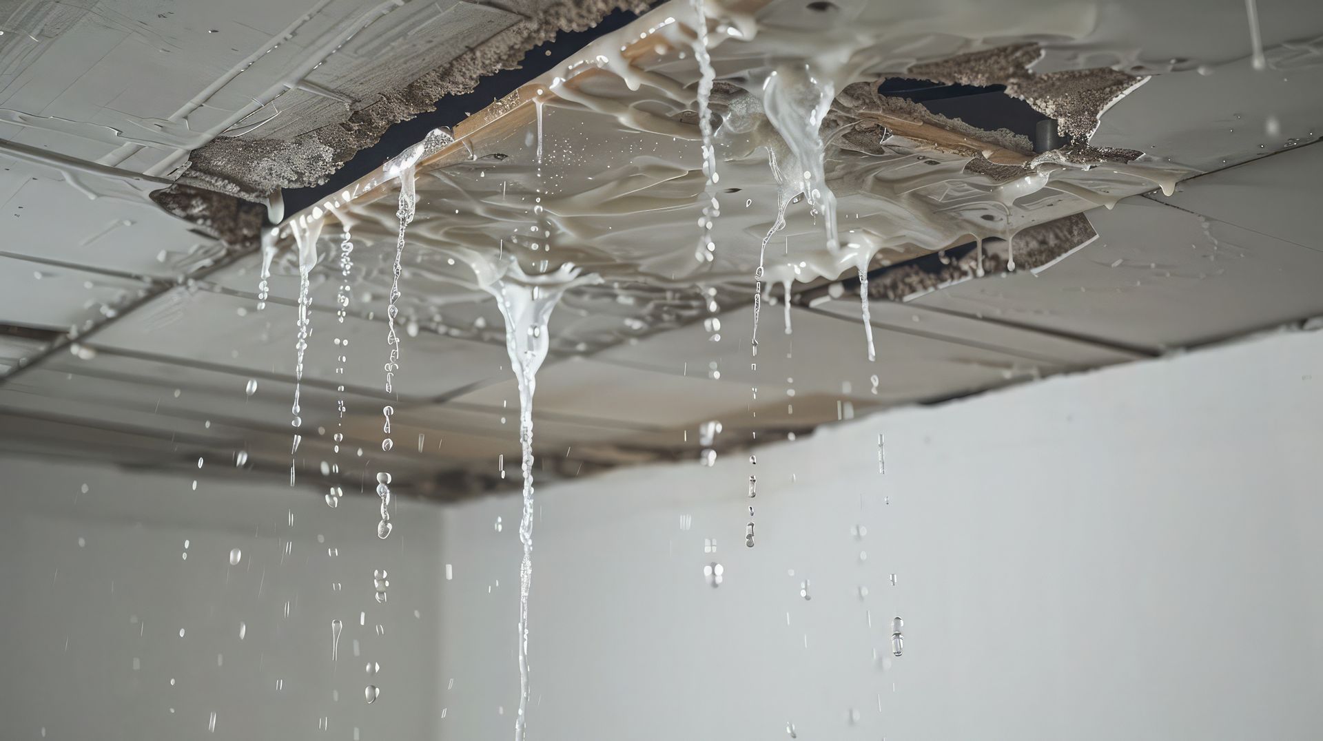 Water leaking from a damaged ceiling, dripping into the room.