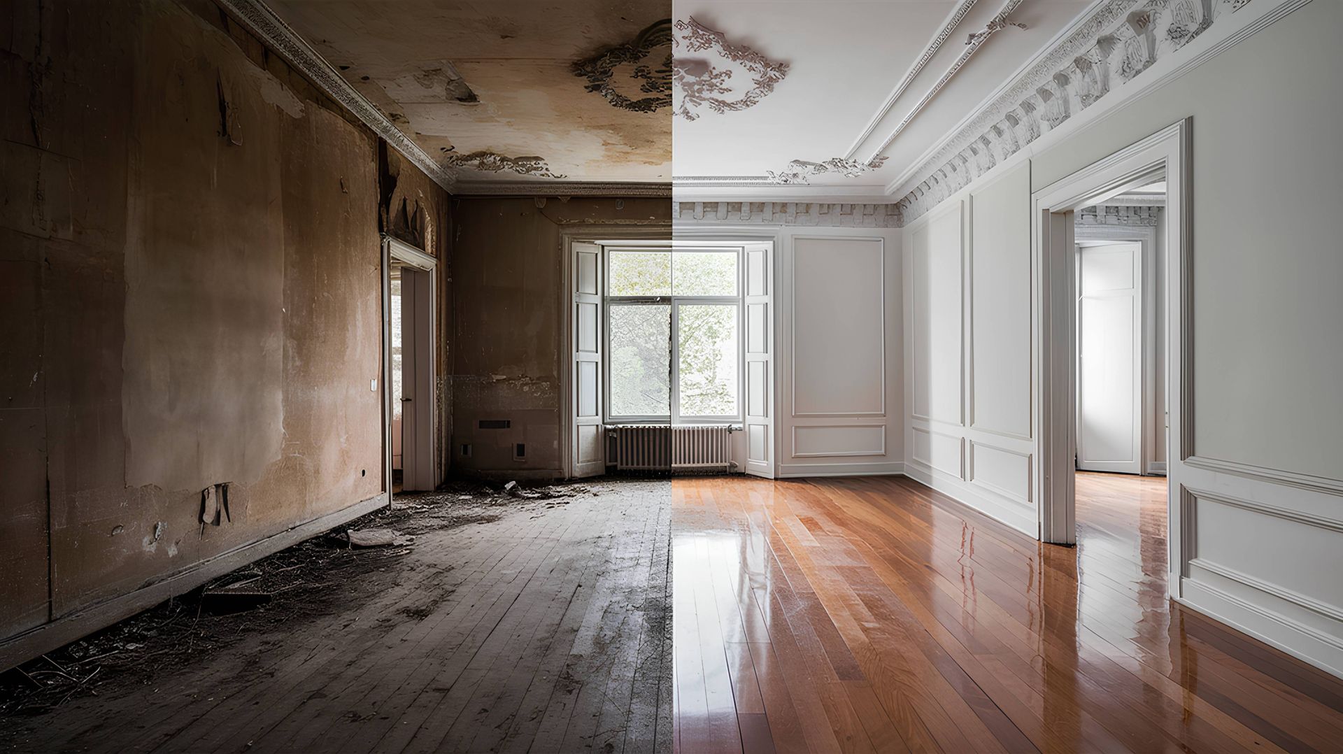 Renovated room comparison: left side is dilapidated, right side is clean with wood floors and white walls.