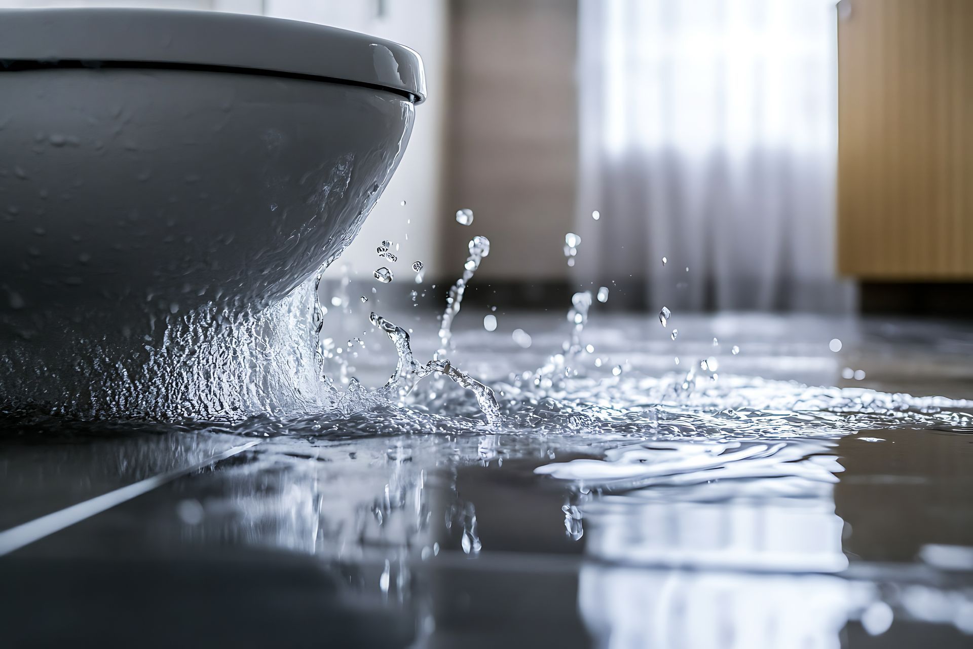 Toilet leaking water onto a tiled bathroom floor.