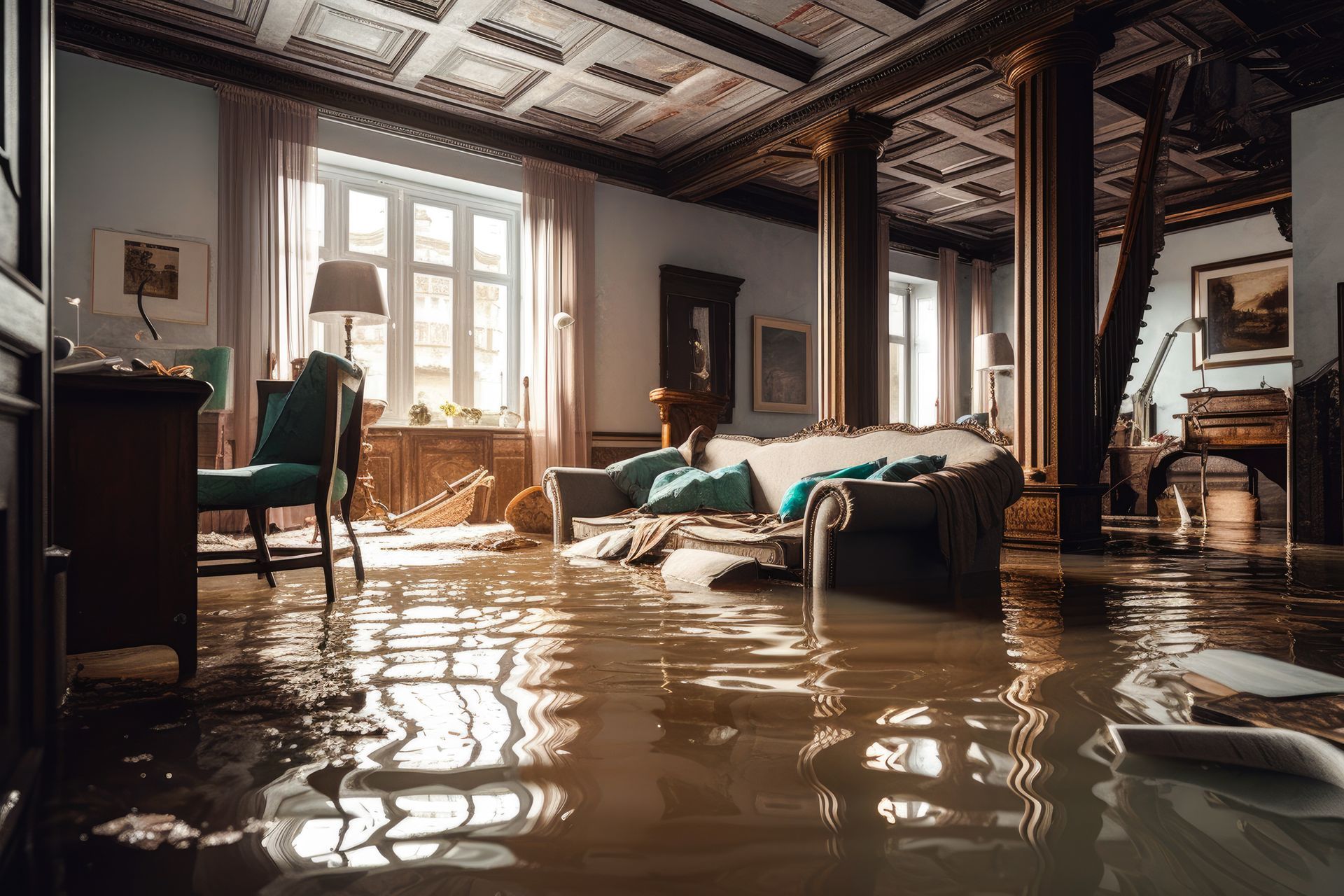 Flooded living room: water covers floor, furniture submerged, sunlight through window.