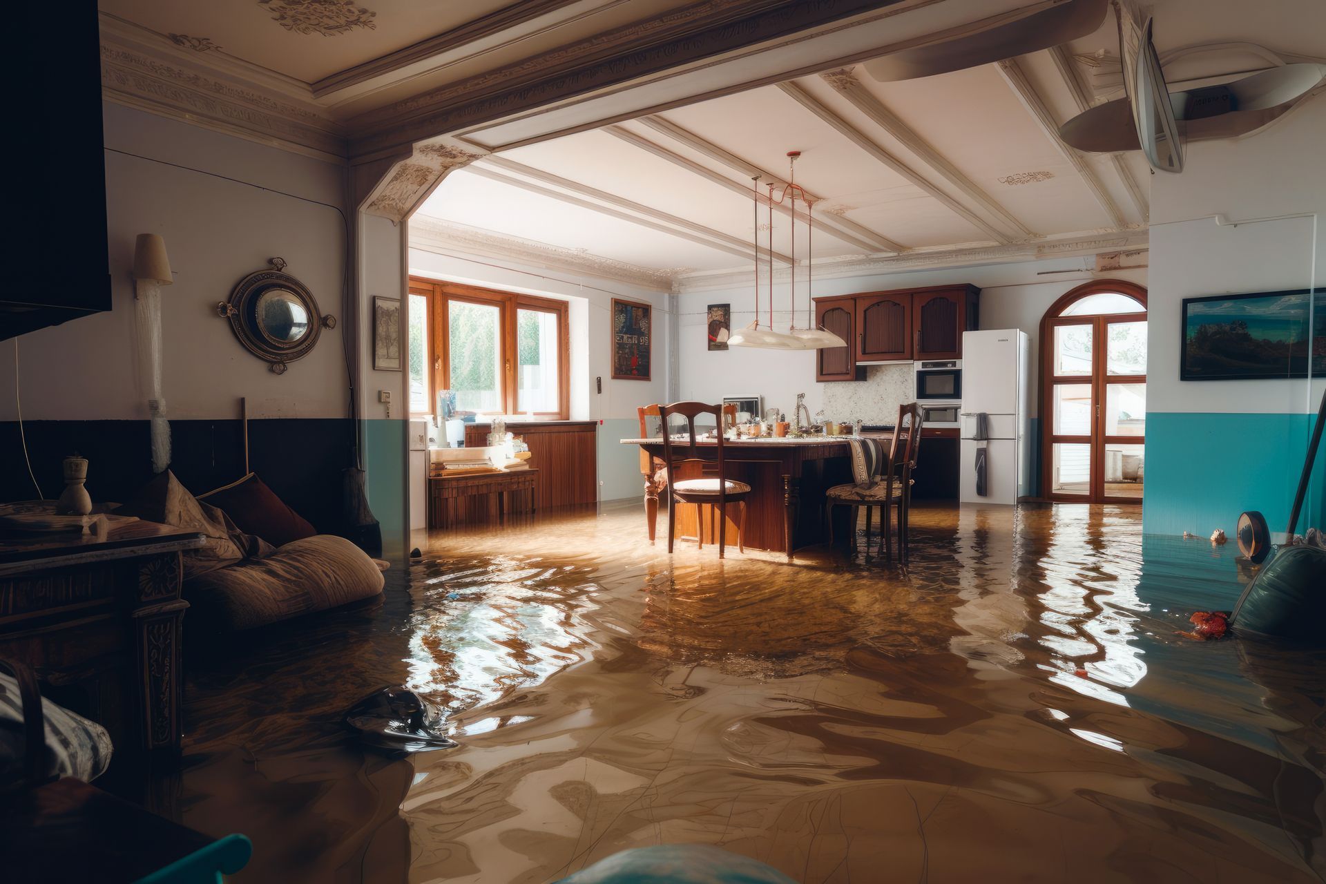Flooded interior: Water covers floor of a kitchen and living space; blue and white walls; brown cabinets.