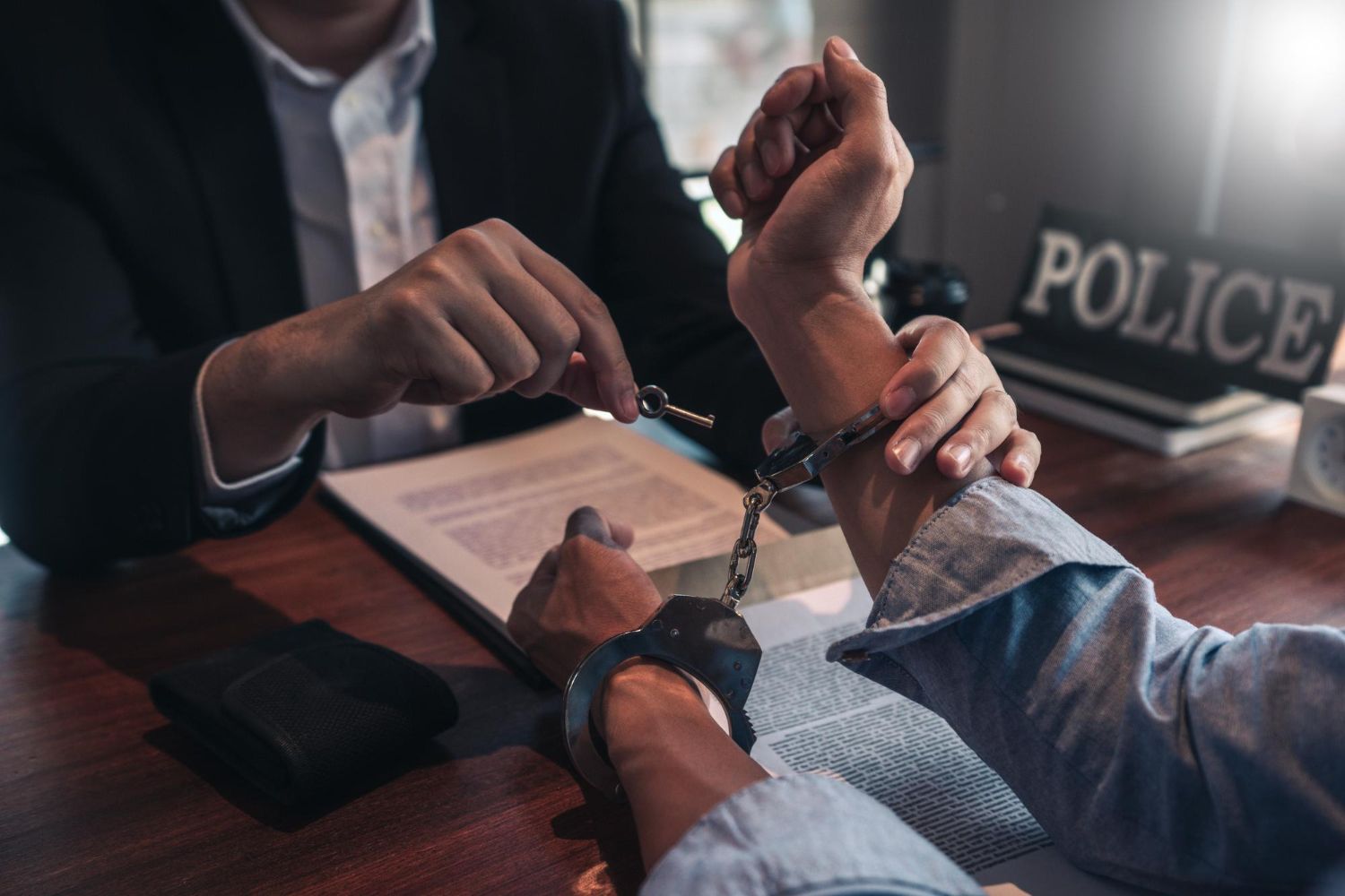 Two business professionals in suits reviewing documents, discussing strategy.