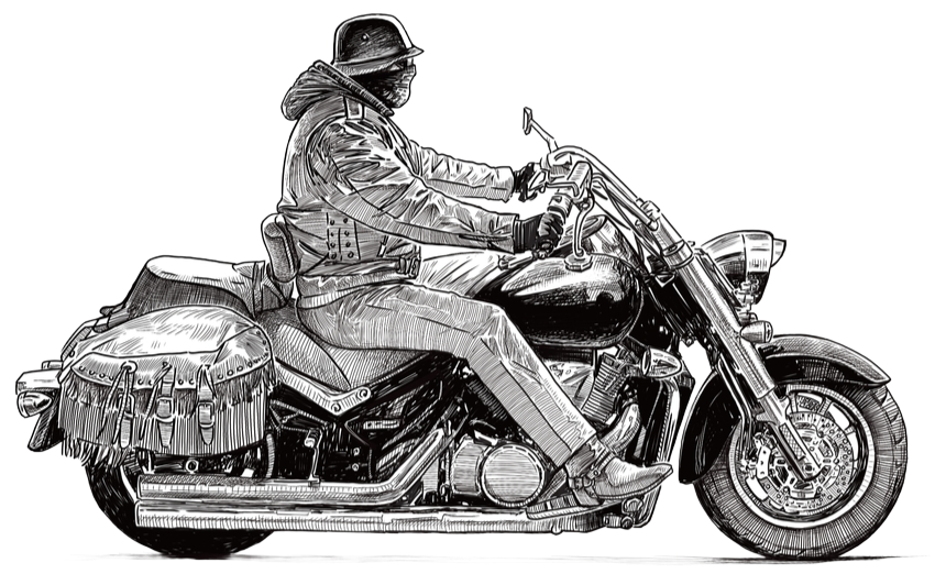Biker in black riding a motorcycle with saddlebags.