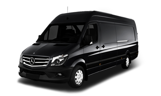 A black mercedes van is shown on a white background