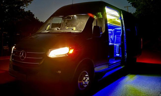 A black van is parked in a parking lot at night.