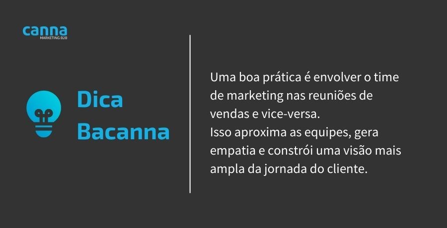 dica bacanna sobre alinhar marketing e vendas: uma boa prática é envolver o time de marketing nas reuniões e vice-versa. Isso aproxima as equipes, gera empatia e constrói uma visão mais ampla da jornada do cliente