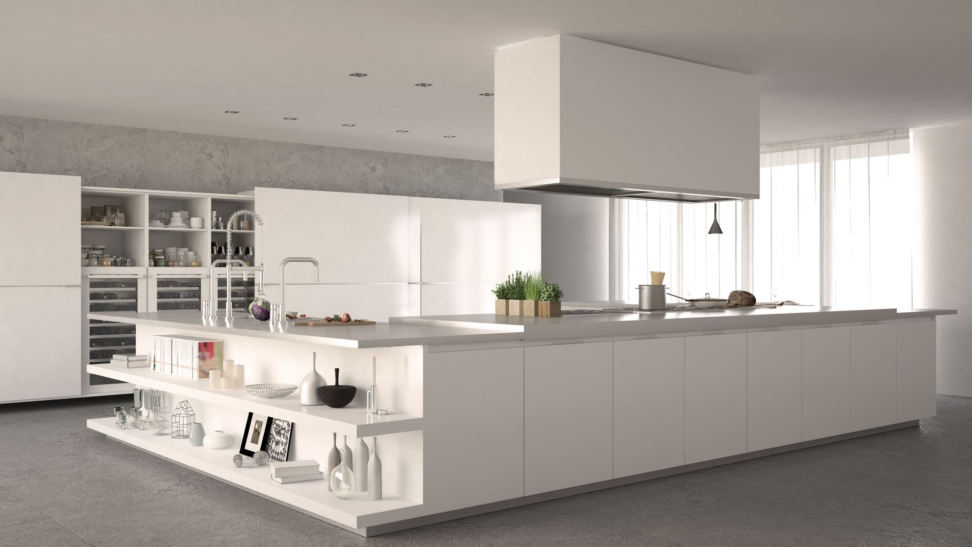 A modern kitchen with white cabinets and a large island.