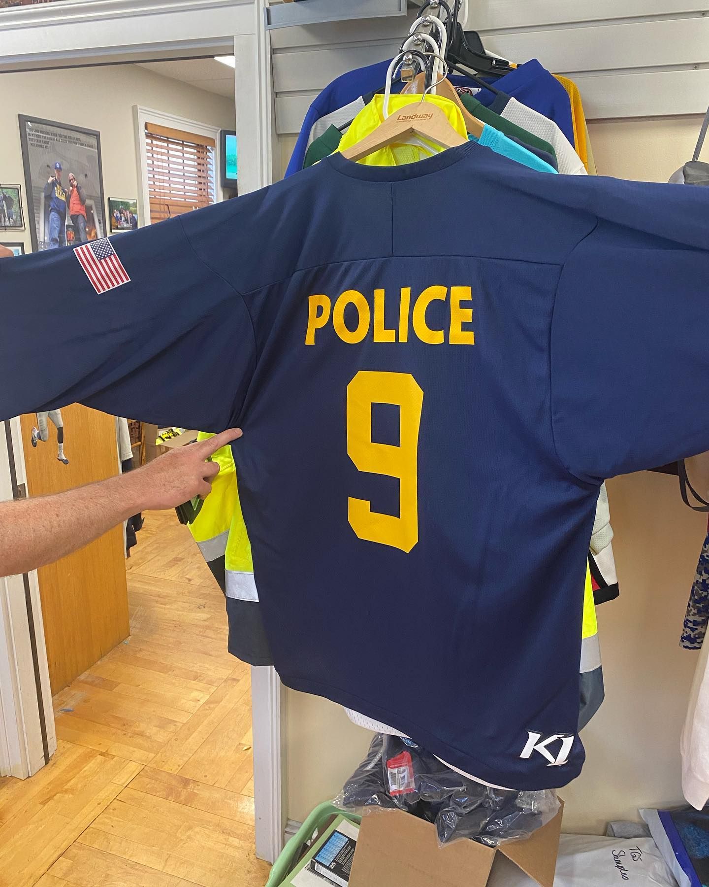 Blue police jersey with gold 
