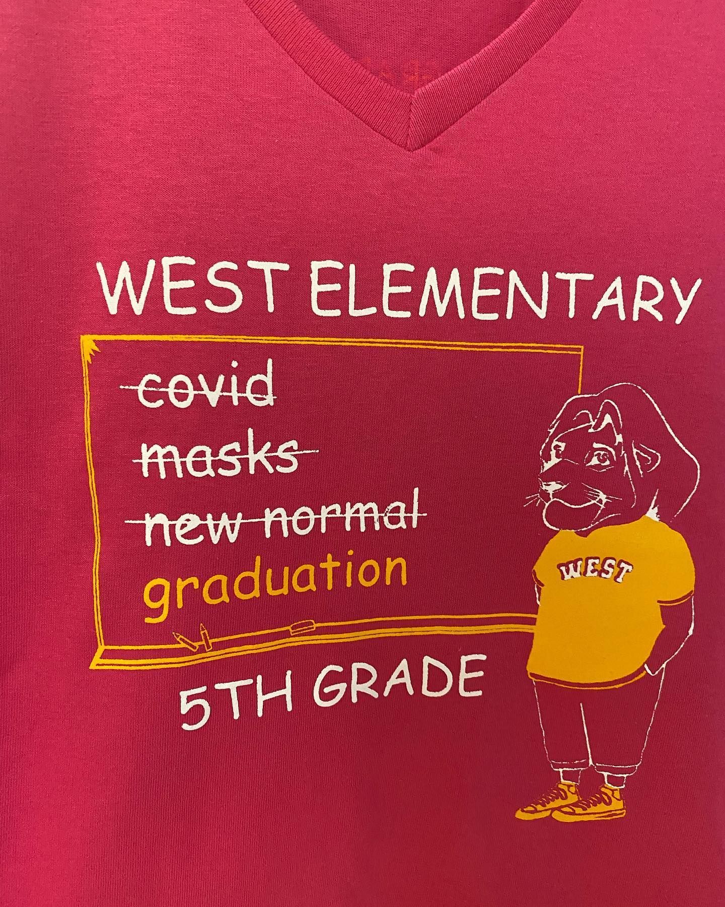 Red shirt, West Elementary 5th grade, with Covid, masks, new normal crossed out.