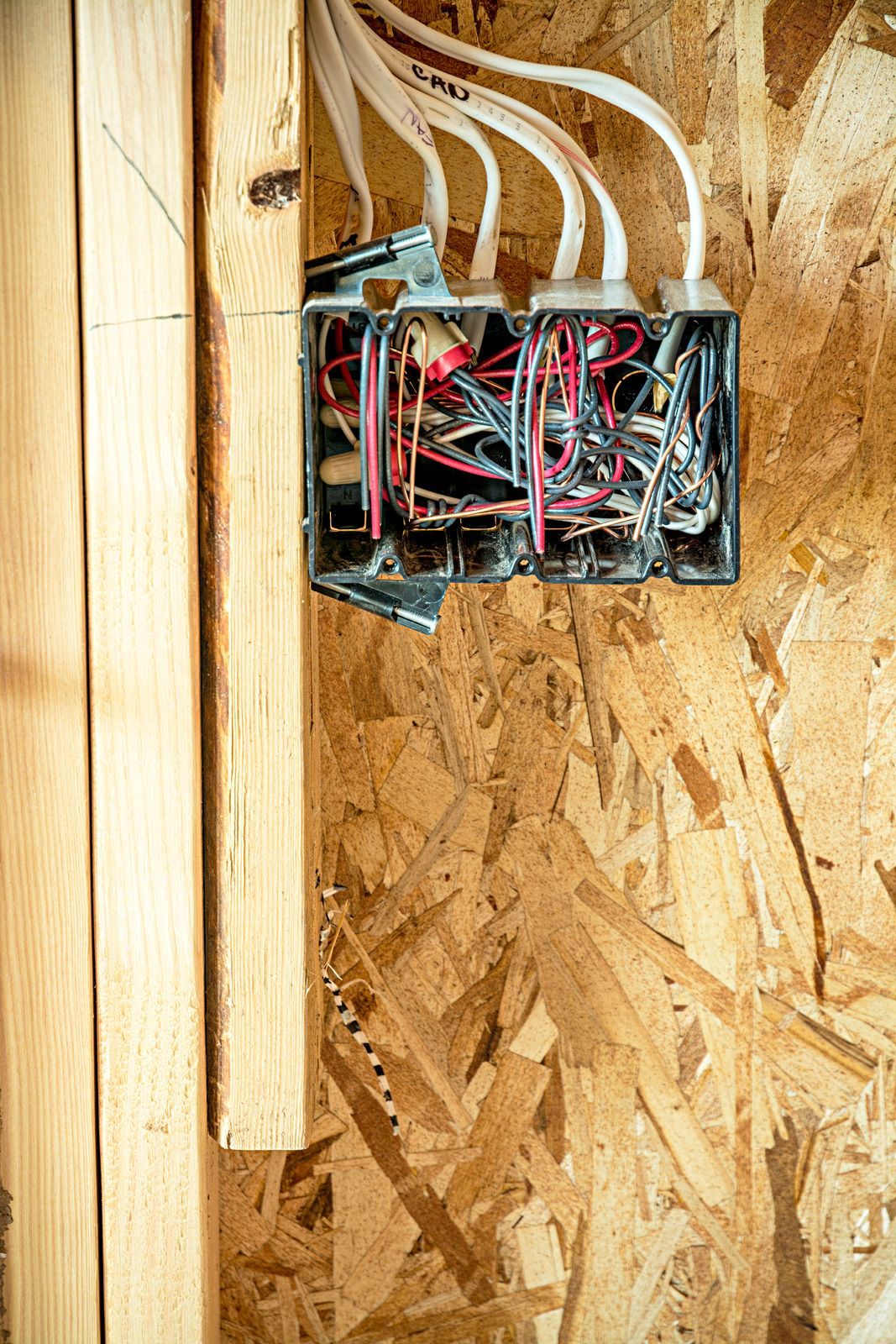 Close-up of electrical wiring connected to terminal blocks inside a metal panel. Colorful wires labeled and neatly organized.