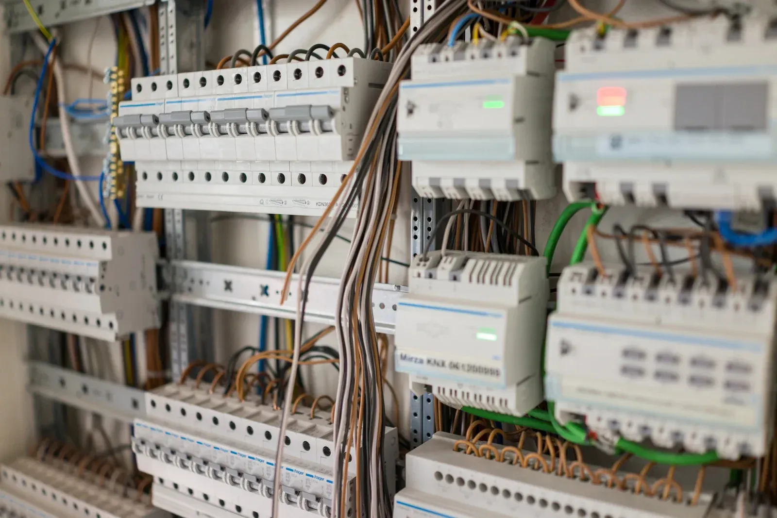 Electrical panel with rows of circuit breakers and wires.