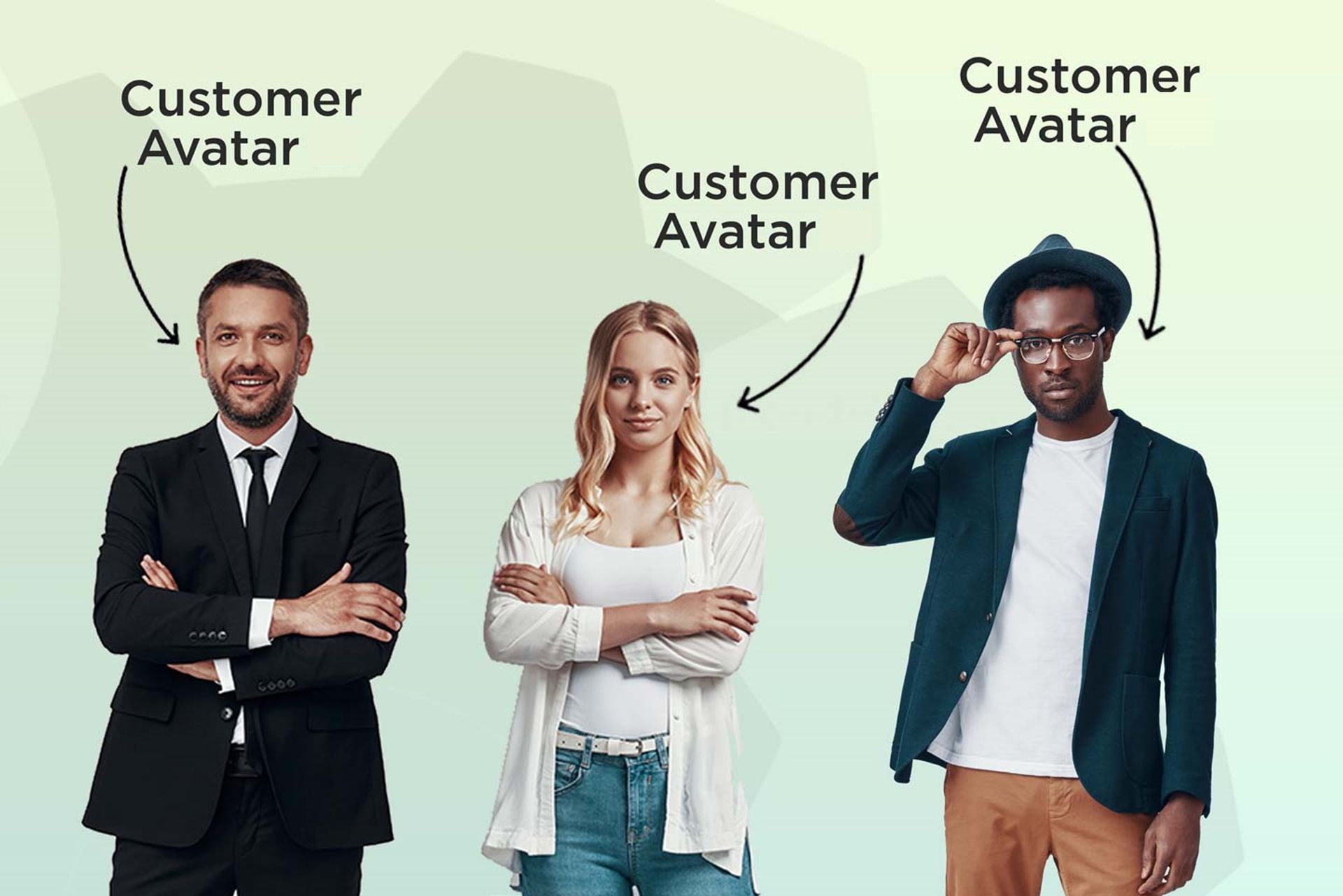 three people standing together with customer avatar written above their heads