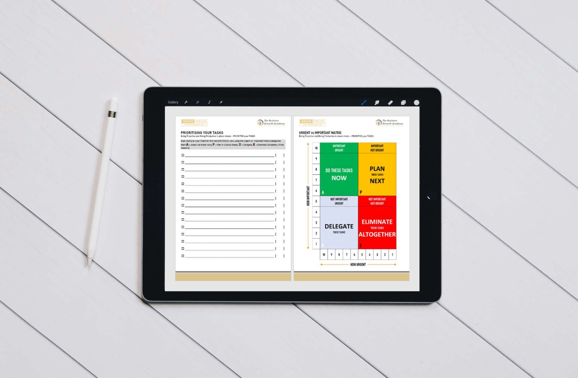 tablet with Eisenhower matrix on screen laying on panel wood desk