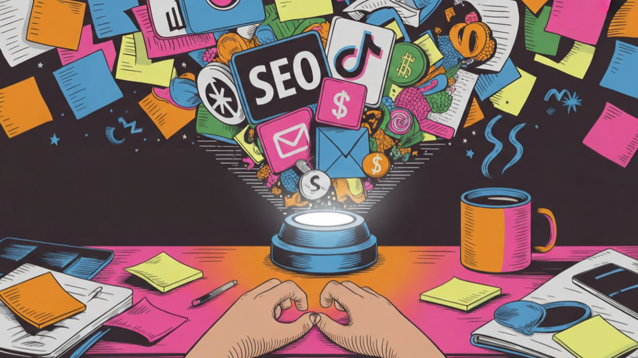 Overwhelmed business owner at their desk looking at all the marketing channels