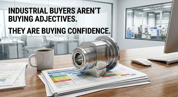 machine part sitting on a desk with a laptop and coffee