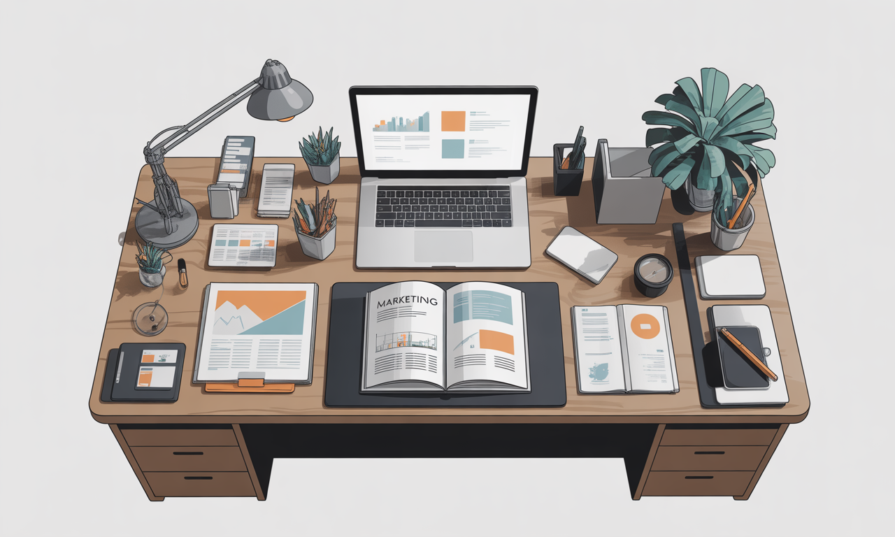 Manufacturer Desk with Strategic Marketing and Reports all over it