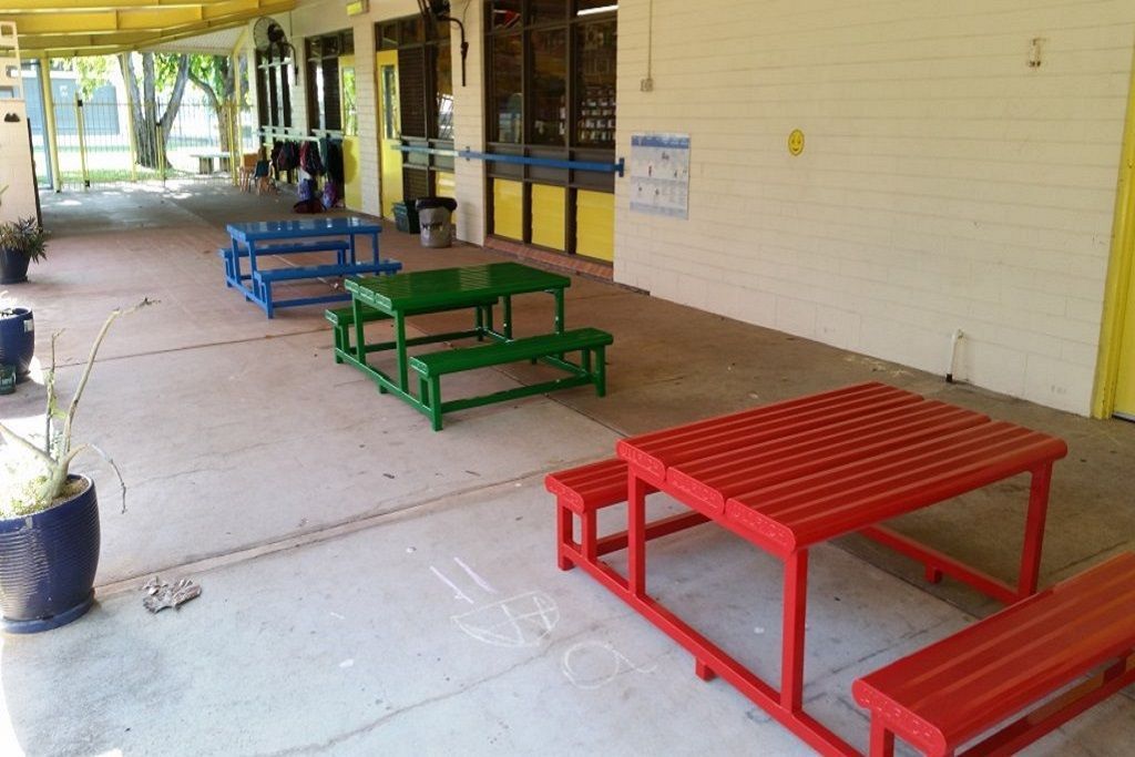 A Row of Red and Green Picnic Tables and Benches — Preston’s NT in Winnellie, NT