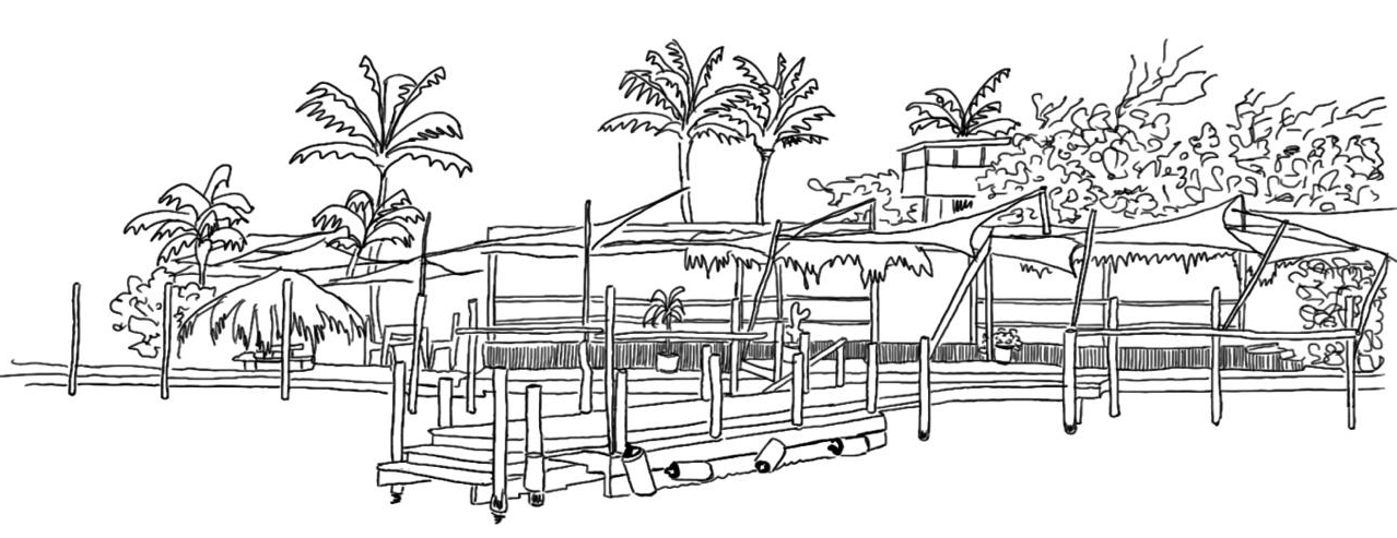 Skatch of the dock of the Karibuni beach Restaurant on Pinel Island. 