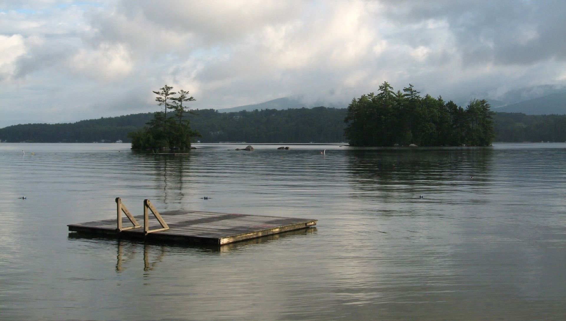 A lake with trees and a bench in the foreground