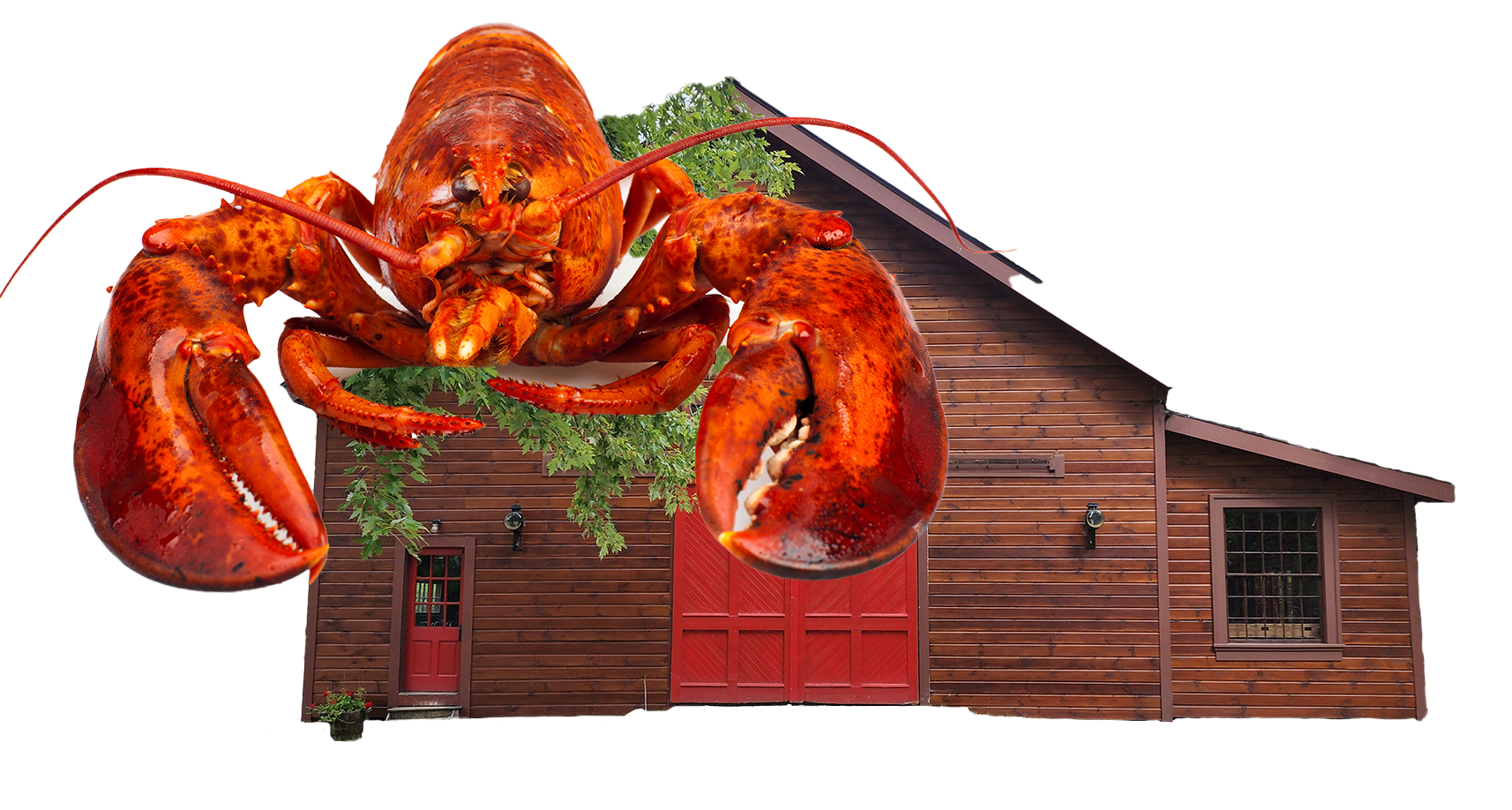 A large lobster is sitting on top of a wooden house.