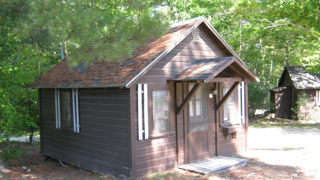 A small wooden cabin in the middle of a forest