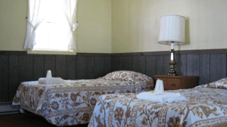 A bedroom with two beds and a lamp