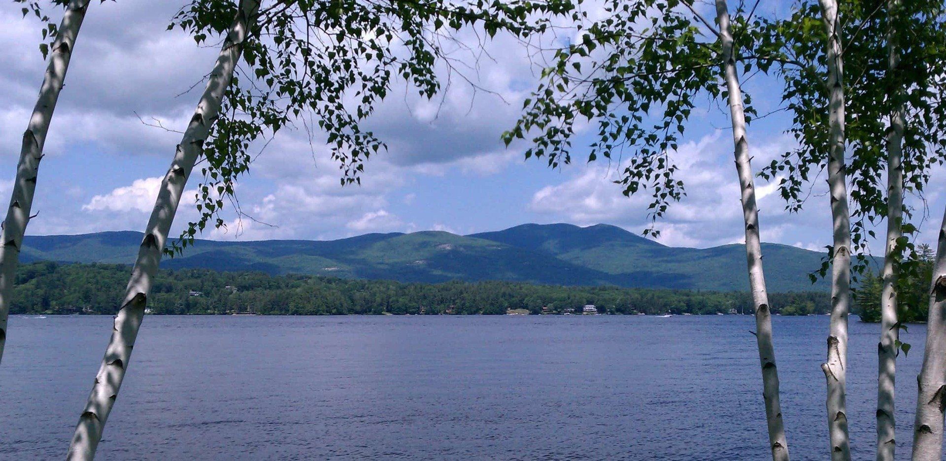 A lake with mountains in the background and trees in the foreground