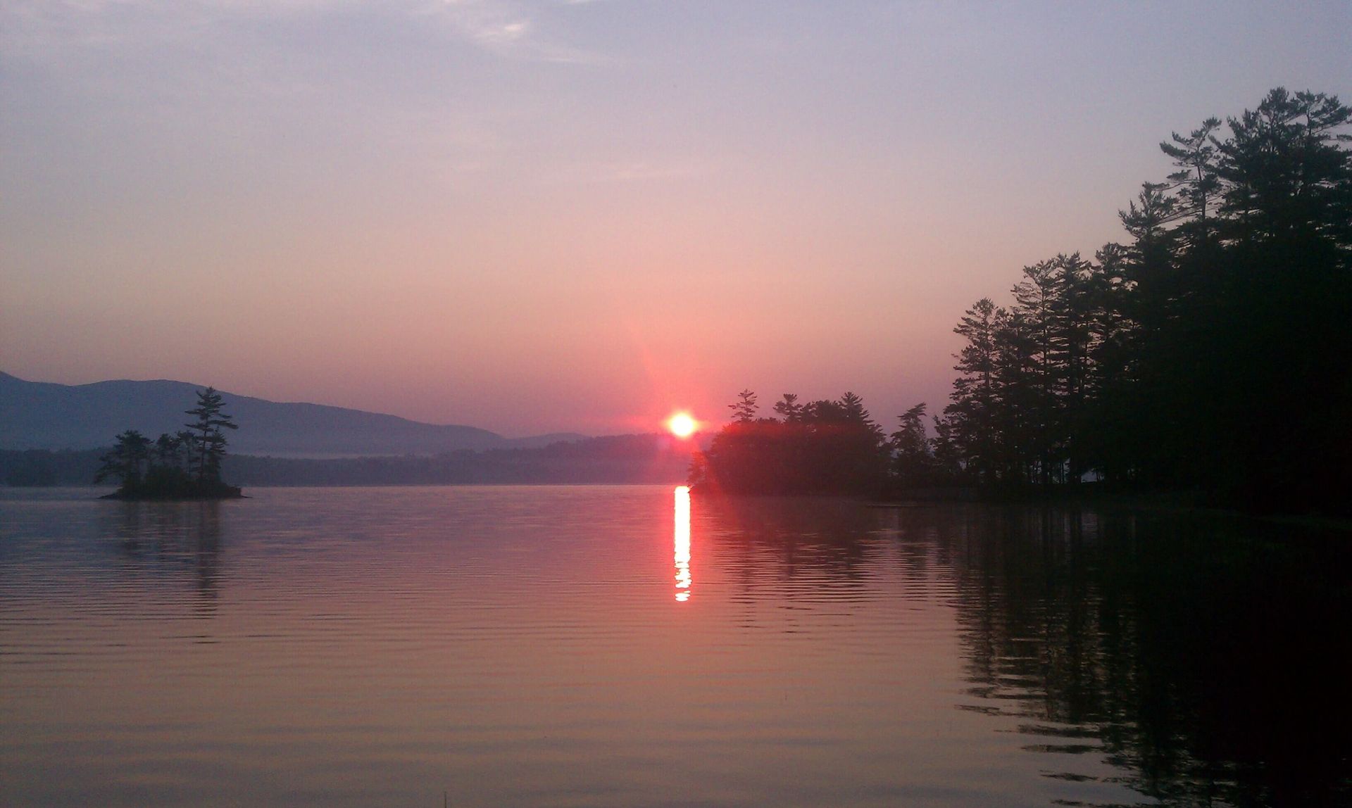 A lake with trees and a bench in the foreground