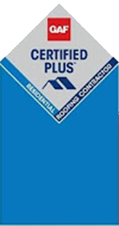 GAF Certified Plus roofing contractor badge in blue, white, and red.