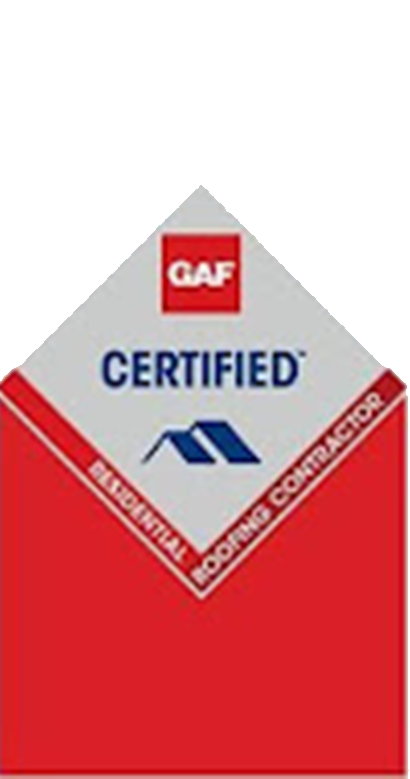 GAF Certified Master Elite roofing contractor badge with red, white, and gray design
