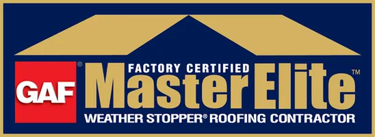 A logo for a factory certified master elite weather stopper roofing contractor