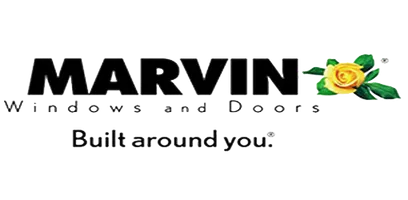 The logo for marvin windows and doors has a yellow rose on it.