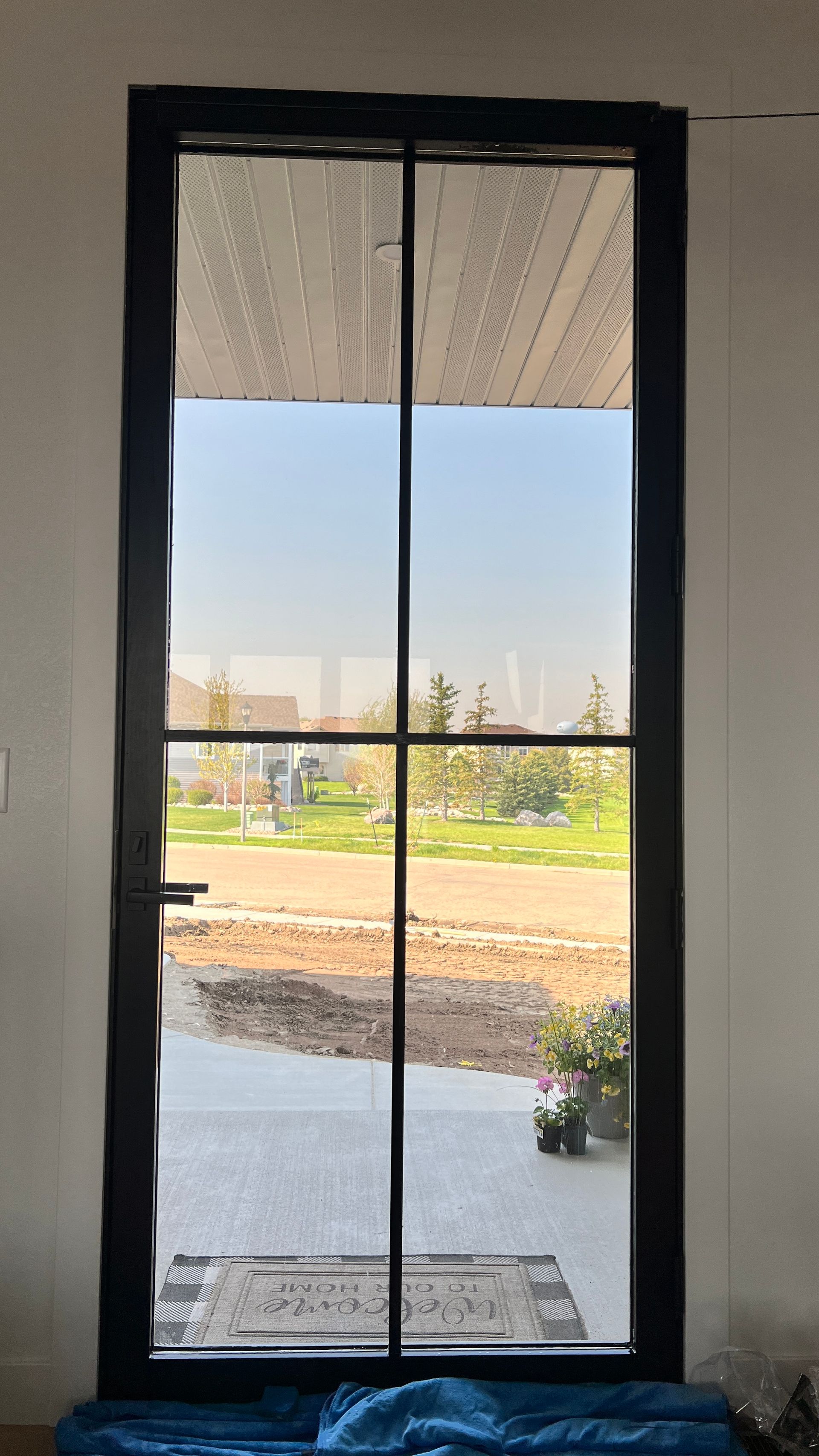 A door with a view of a yard through it.