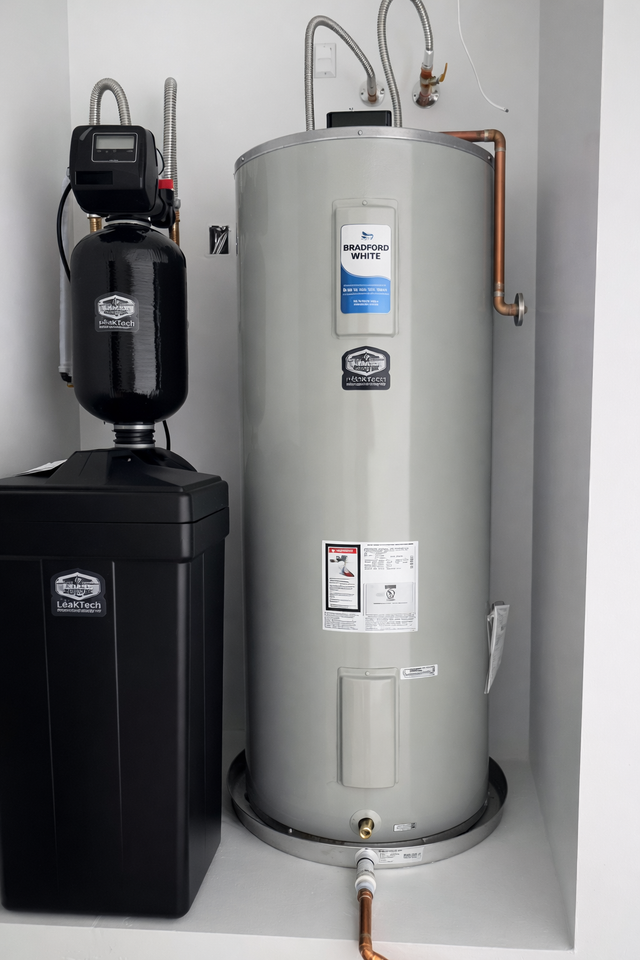 A tall, gray water heater sits next to a black water softener unit in a white alcove.