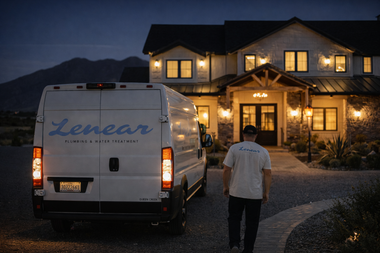 A person wearing a branded t-shirt walks toward a large, lit home next to a white van with 