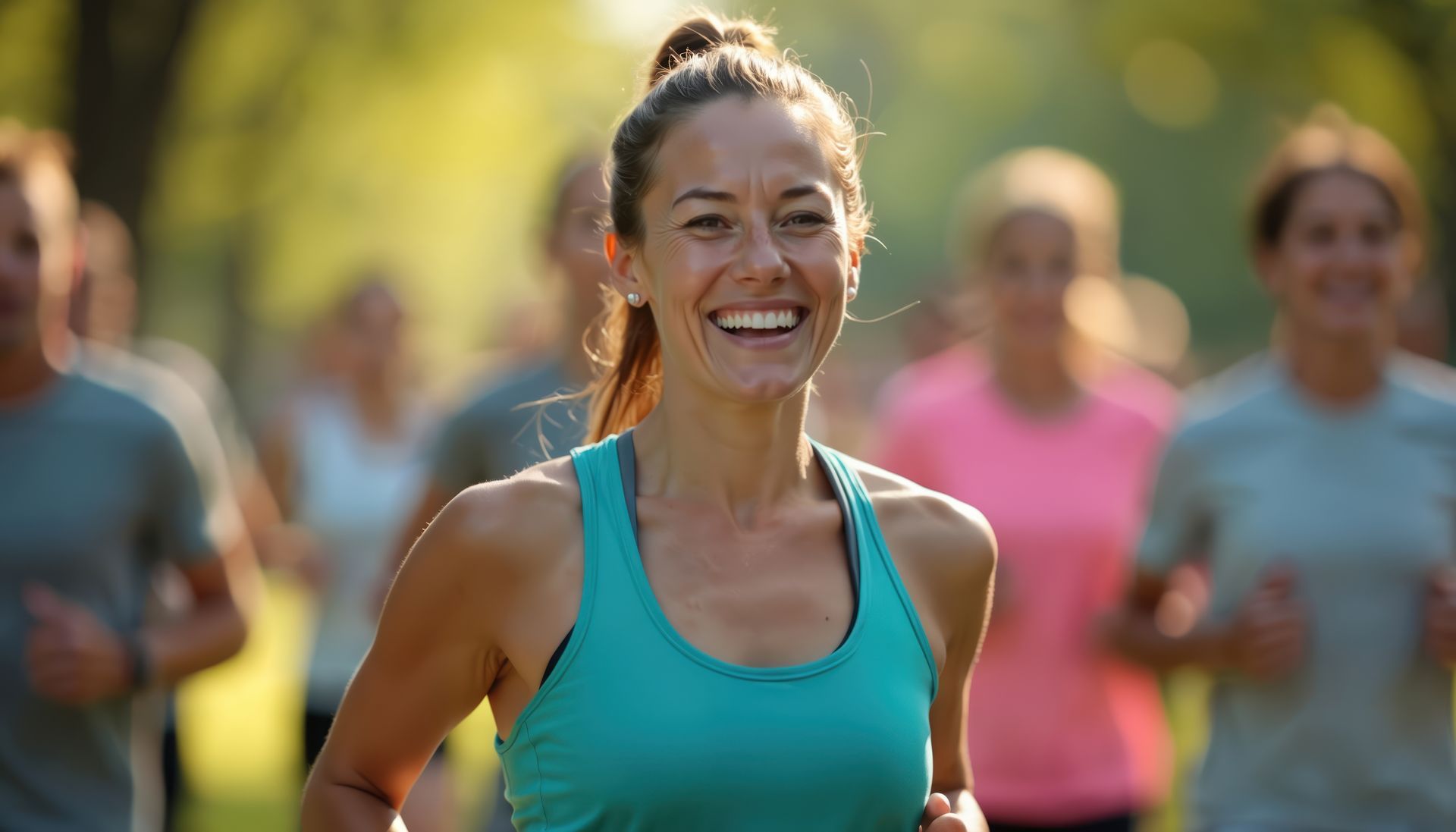 Smiling female wearing running gear with hair tied high taking part in a charity fundraising event 