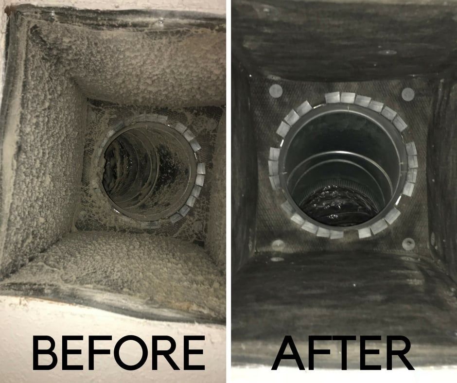 A before and after picture of a duct that has been cleaned.
