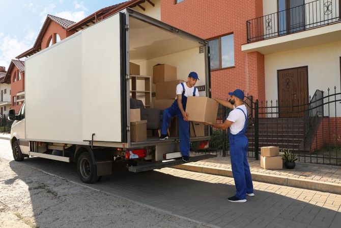 Movers unloading furniture from a truck outside a red-brick apartment building