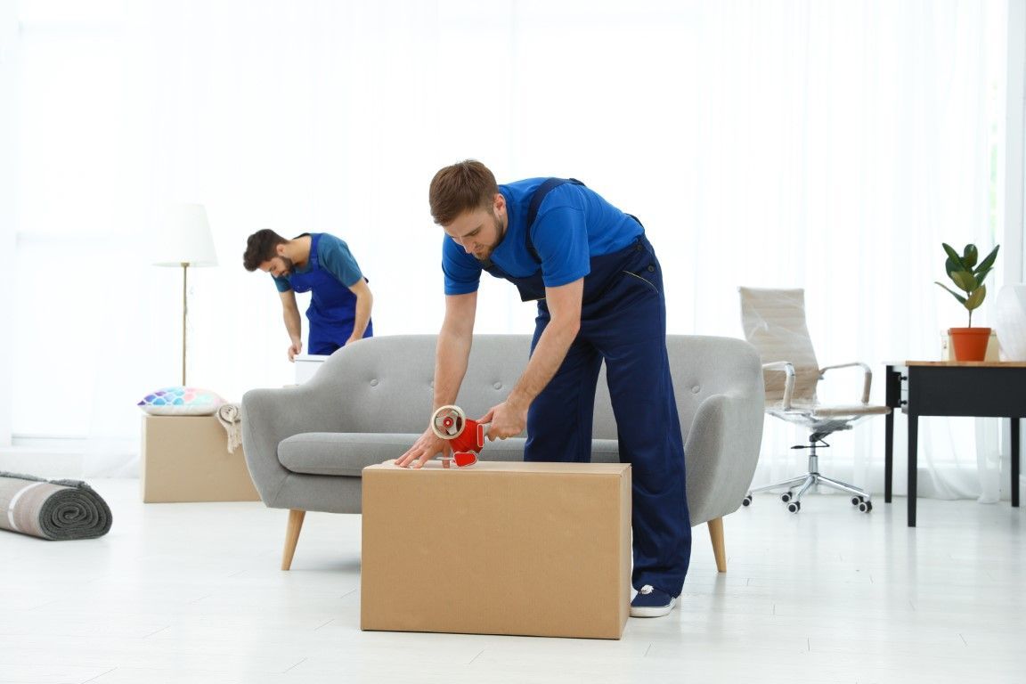 Two movers in blue uniforms carry boxes in a bright living room with a gray sofa.