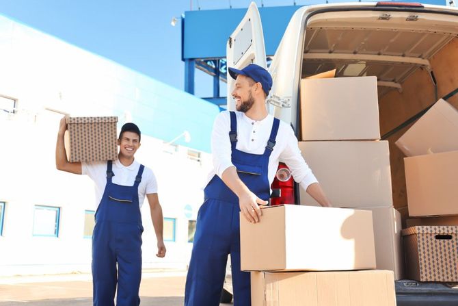Two movers in blue overalls unloading cardboard boxes from a truck in a sunny warehouse area
