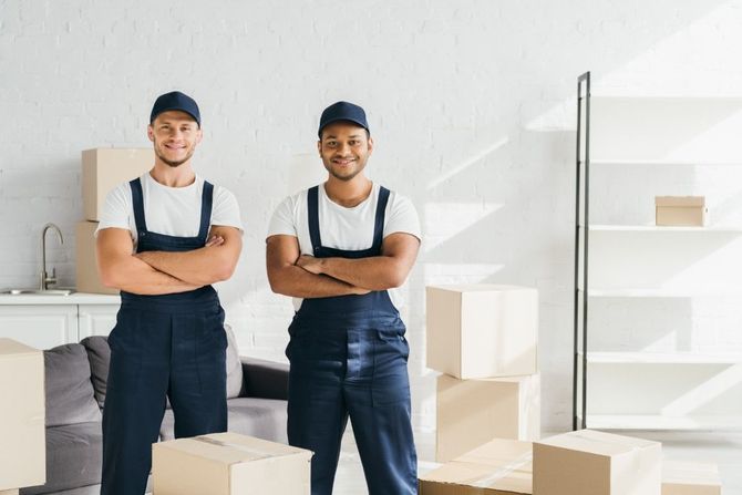 Two uniformed movers standing in a bright room with moving boxes and shelves