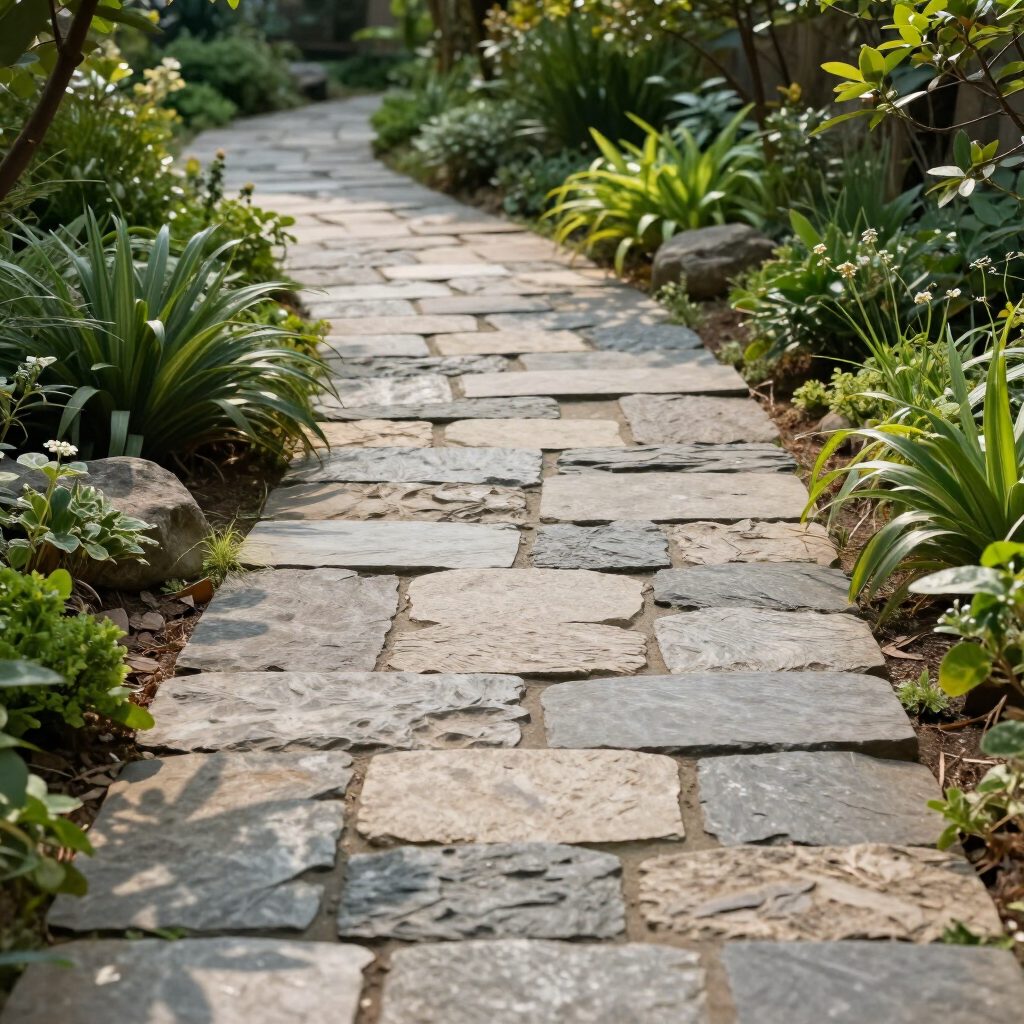Allée de jardin en pierre bordée de plantes vertes luxuriantes et de rochers