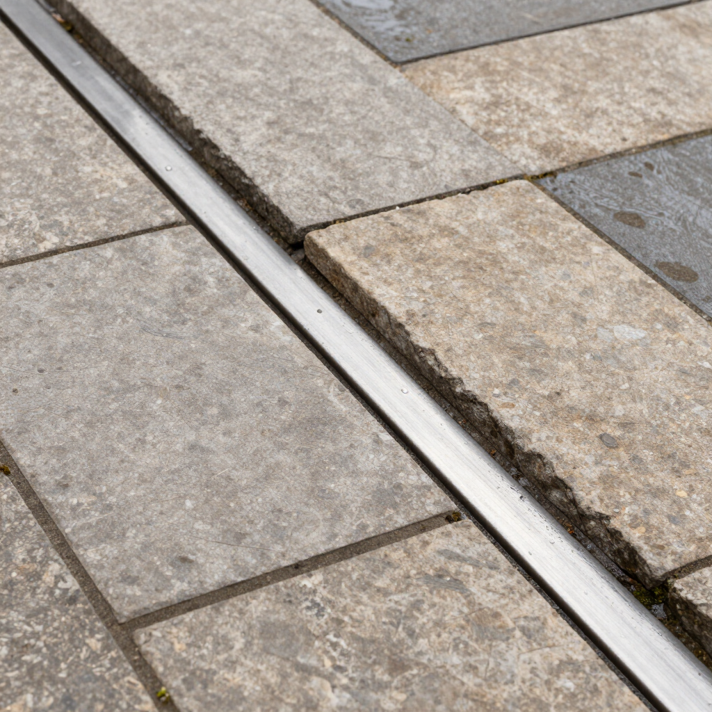 Pavés en pierre avec une fine bande de drainage métallique entre les dalles grises et beiges