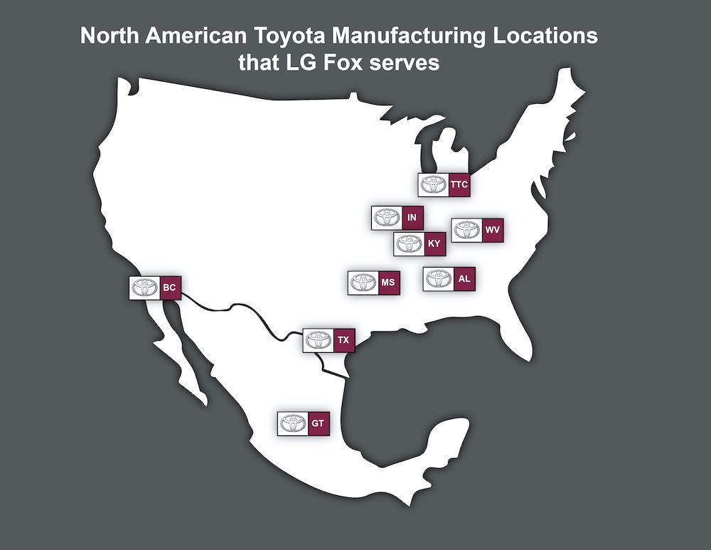 Map of North American Toyota manufacturing locations served by LG Fox, with locations highlighted in red.