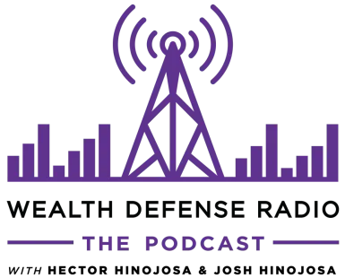 Logo for Wealth Defense Radio podcast featuring a purple radio tower icon, bar graph design, and host names.