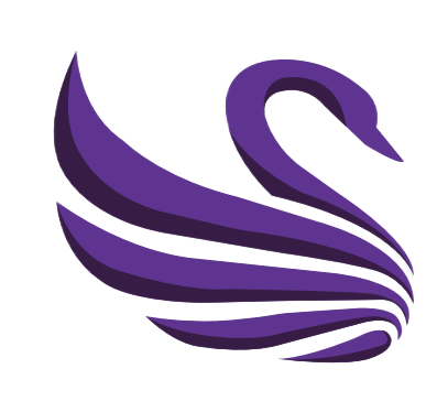 Purple stylized swan logo.