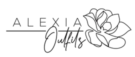 Un logotipo en blanco y negro para Alexia Outfits con una flor.