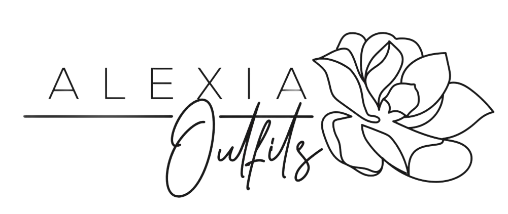 Un logotipo en blanco y negro para Alexia Outfits con una flor.