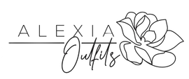 Un logotipo en blanco y negro para Alexia Outfits con una flor.