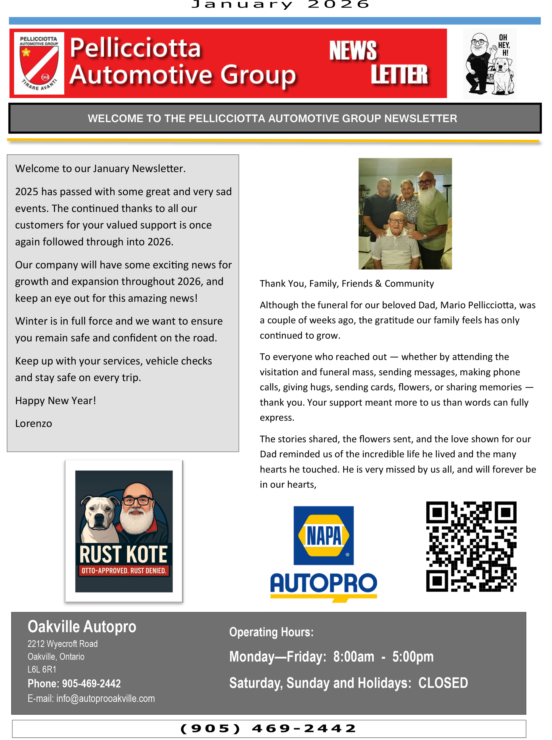 Pellicciotta Automotive Group newsletter: people, text, logos, and QR code, promoting automotive services. | AUTOPRO Oakville